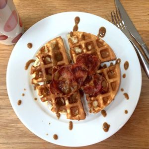 Make a batch of tasty savoury waffles and load them with bacon and eggs, using our gluten-free savoury waffle mix.
