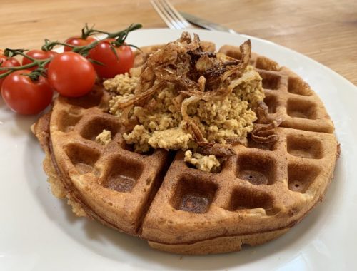 Savoury gluten-free waffles: beer and cheese waffles with rarebit scramble and crispy onions