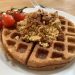 Savoury gluten-free waffles: beer and cheese waffles with rarebit scramble and crispy onions